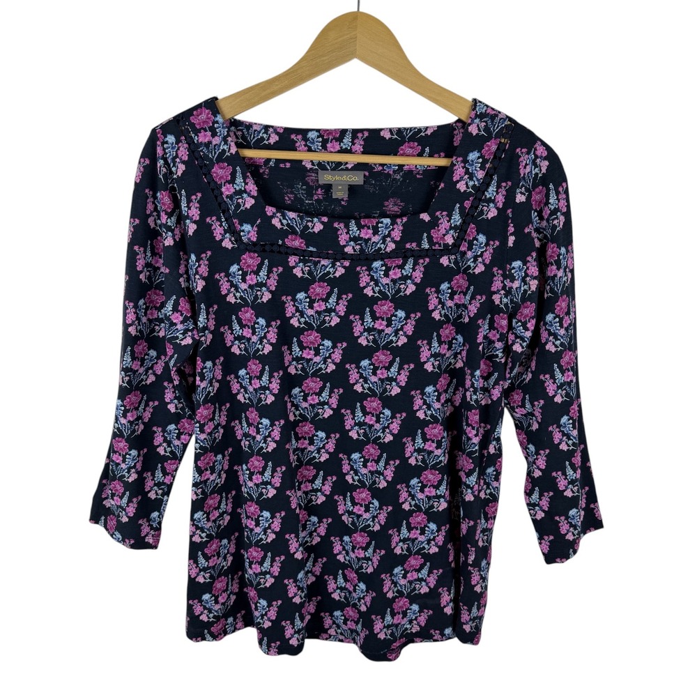 Style & Co Floral Block Print Square Neck Blouse Medium Cotton Stretch Comfy